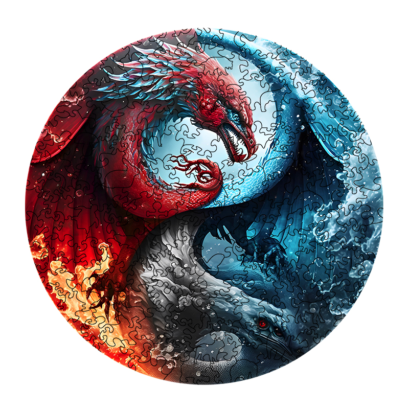Courageous Red And Blue Dragon Yin yang Wooden Jigsaw Puzzle - aimpuzzle