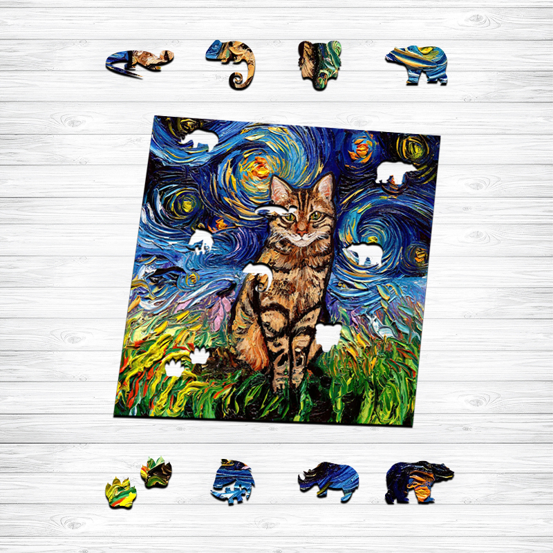 Starry Night Ocelot Cat Wooden Jigsaw Puzzle - aimpuzzle