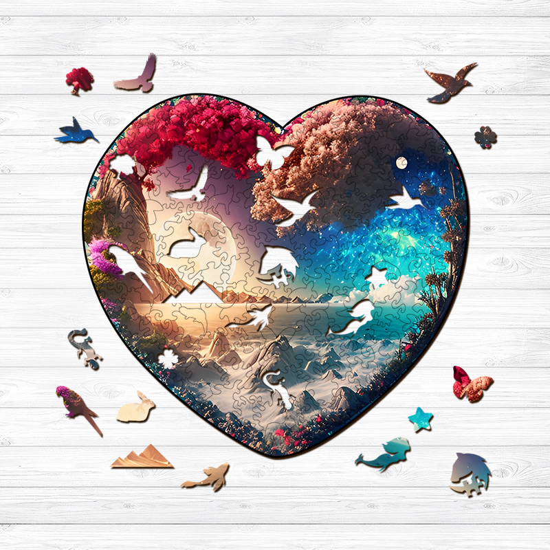 Flowered Heart moon and stars Wooden Jigsaw Puzzle - aimpuzzle